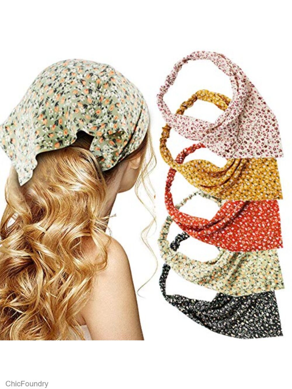 5pc Floral Chiffon Hair Scarf Headband Wrap Pre-tied Boho Bandana for Women